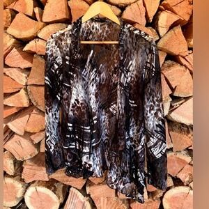 Clientele Sheer Lace Mesh Open Front Cardigan Abstract Animal Print Brown Black